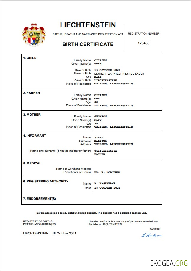 Acte d'état civil du Liechtenstein Modèle Word et PDF template